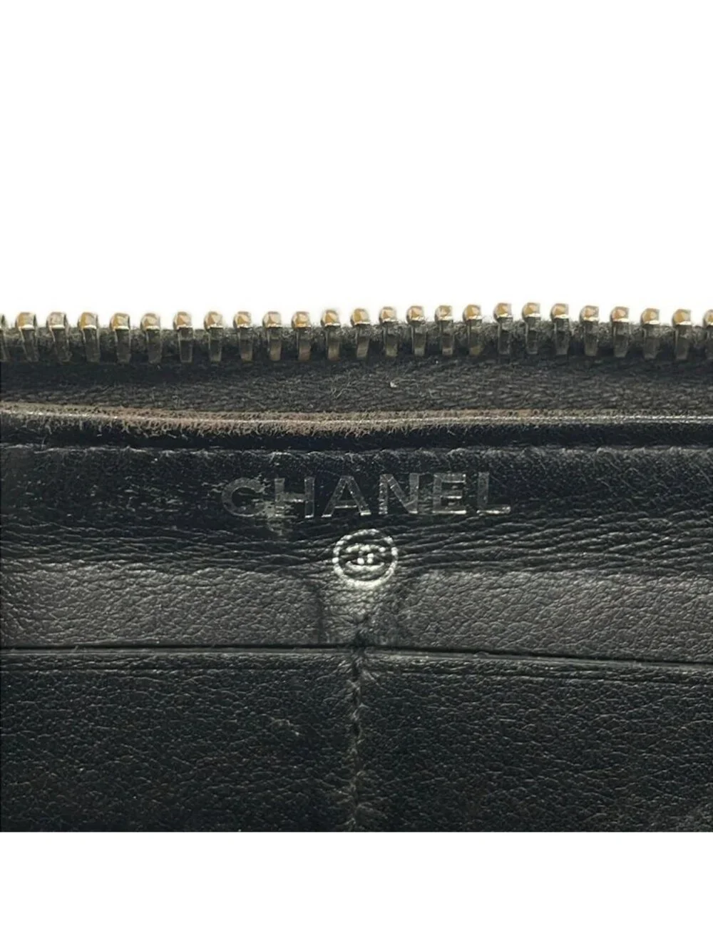 Chanel Wallet Quilted Black Silver Zip Around Leather